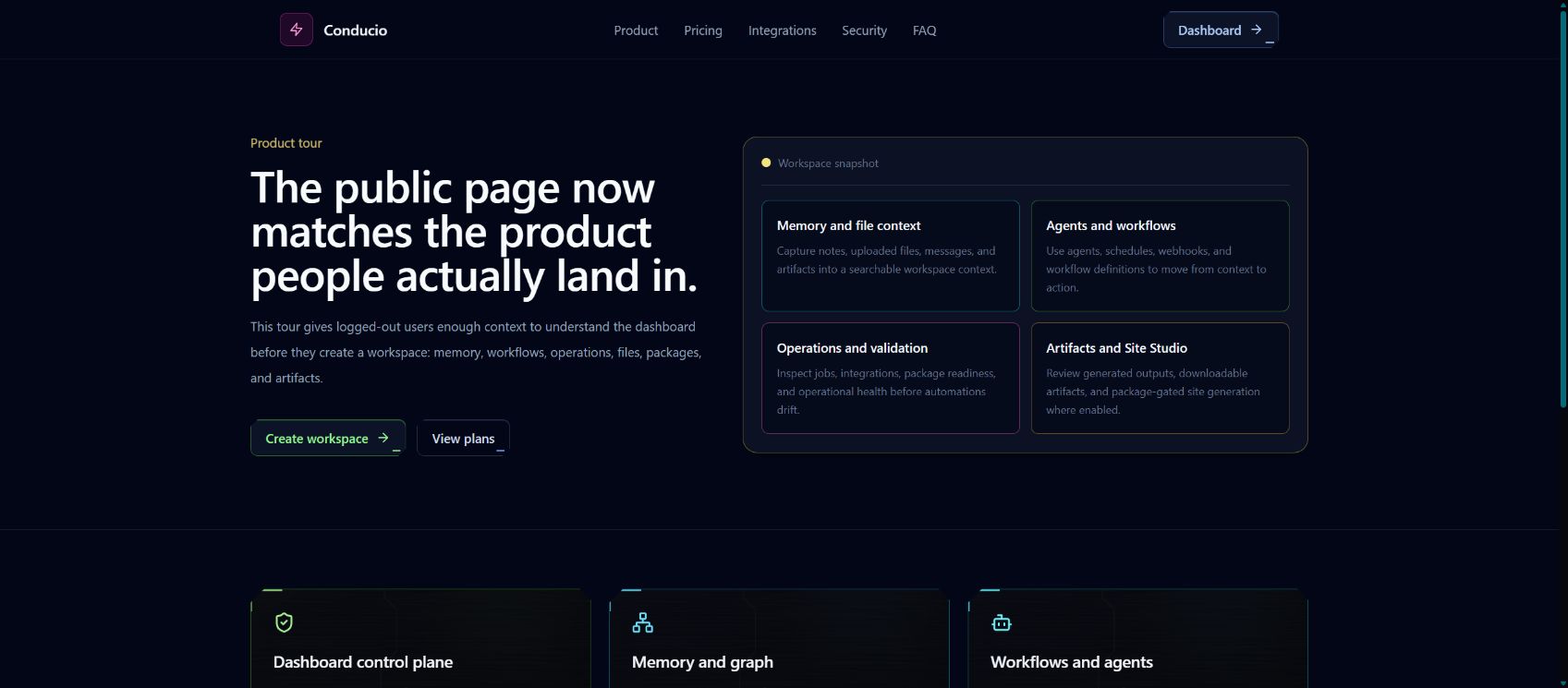 Conducio product tour showing memory, workflows, operations, and artifacts